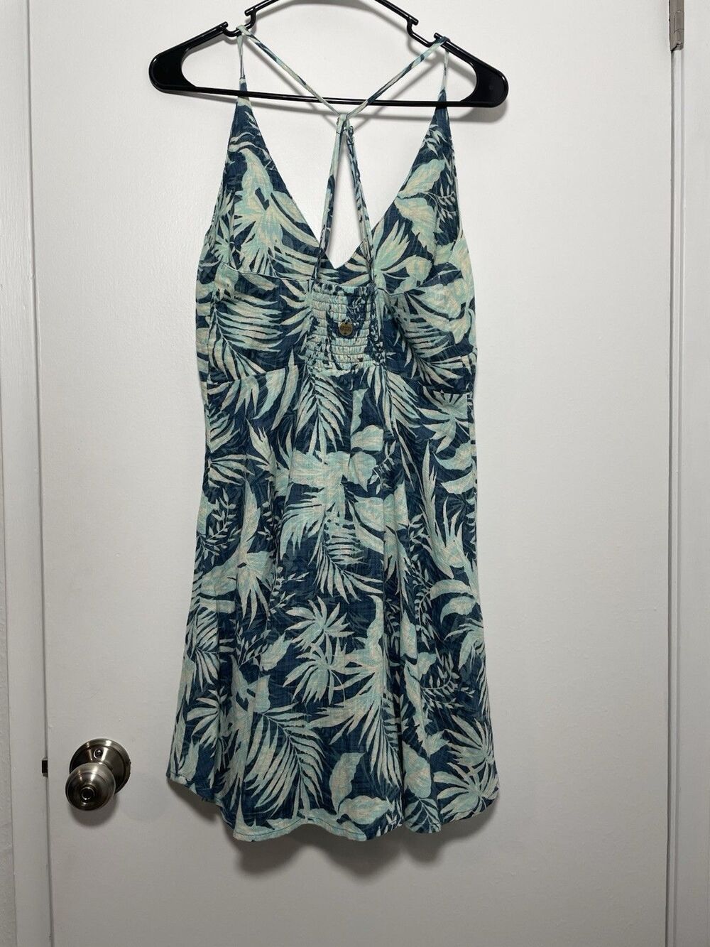 Rip Curl Green & Blue Floral V-Neck Smocked Spaghetti Strap Mini Dress Size L